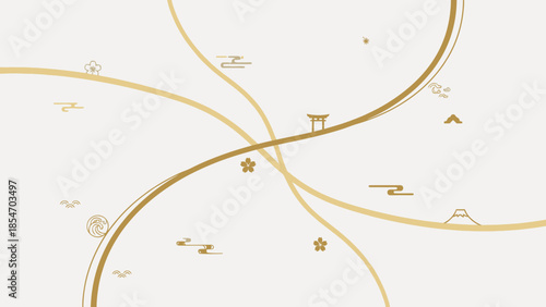 Minimalist Japanese-inspired design featuring elegant golden swirling lines and subtle traditional cultural icons, evoking a sense of calm harmony and refined artistry