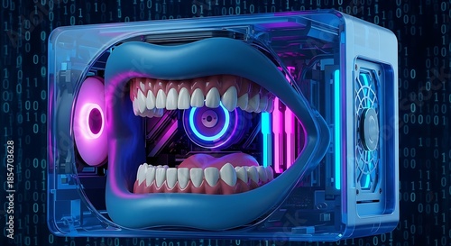 Surreal Digital Art of a Robotic Mouth with Glowing Teeth Inside a Futuristic Computer Case.