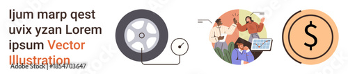 Automotive repair, teamwork, financial planning, business solutions, graphic design, and collaboration. A car tire with a gauge, a group discussing projects and a dollar icon. Automotive repair