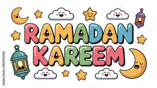 Ramadan Kareem Illustration: Festive and colorful illustration captures the spirit of Ramadan Kareem with cheerful elements. 