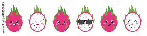 Dragon fruit set, fun and cute cartoon character, tropical fruit pitaya, emotions joy delight, big eyes, happy smiling face, kawaii style, icon vector illustration.