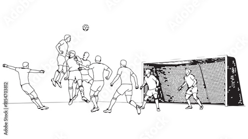 Detailed vector sketch of a soccer goalmouth scene featuring players jumping for a header during a corner kick, with the goalkeeper ready to defend the net.