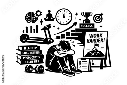 Overwhelmed person surrounded by symbols of success, productivity, and self-improvement