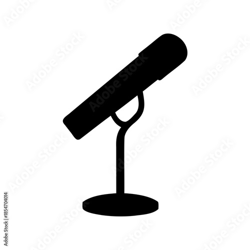 Black silhouette of a classic microphone on a stand with white background