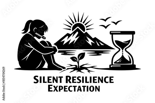 Symbolic illustration of silent resilience and expectation with a zipped mouth and growing plant