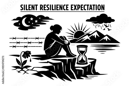 Woman sitting on cliff edge with hourglass, symbolizing resilience and waiting