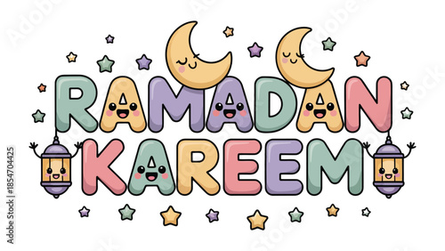 Ramadan Kareem: A vibrant and colorful illustration that captures the essence of the holy month. Featuring playful elements like crescent moons, stars, and lanterns, it conveys joy and celebration.
