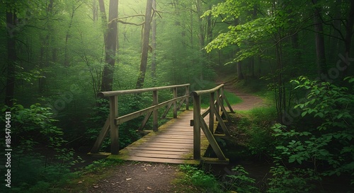 Wooden Footbridge Spanning a Serene Stream in a Lush, Vibrant Green Forest with Sunlight Filtering Through the Canopy.