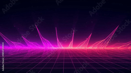 Abstract digital landscape with glowing neon pink and purple lines on a grid plane, evoking a retro-futuristic cyberspace aesthetic.