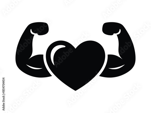 Strong Love Concept Icon – Heart with Flexing Muscular Arms Silhouette