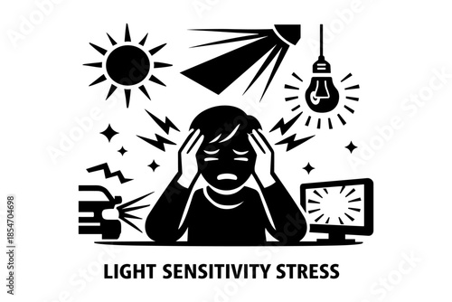 Person suffering from light sensitivity stress with various light sources causing discomfort