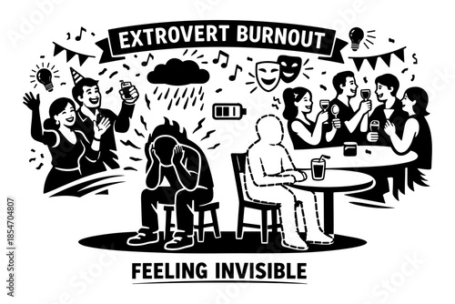 Extrovert burnout and feeling invisible at a party illustration