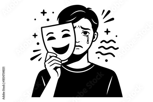 Sad person crying behind a happy mask, symbolizing hidden emotions and mental health struggles