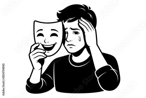 Sad person crying behind a happy mask, symbolizing hidden emotions and mental health struggles