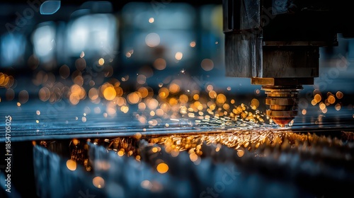 Close Up of Industrial Cnc Laser Cutting Steel with Bright Orange Sparks in Dark Blue Background