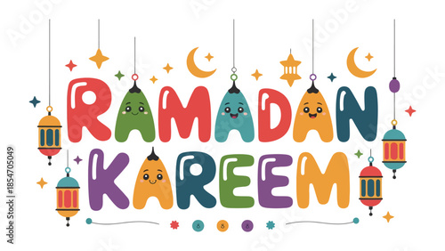 Ramadan Kareem: Vibrant depiction of Ramadan Kareem with colorful cartoon characters. It is associated with the month of fasting, prayer, and reflection for Muslims.