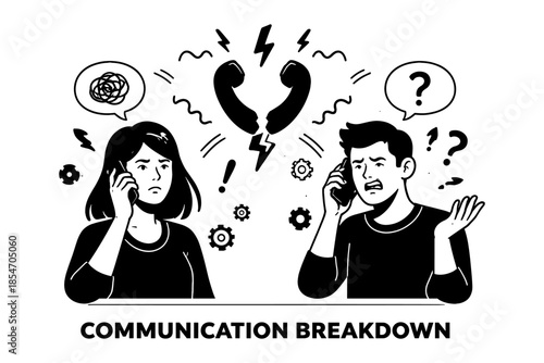Couple arguing on the phone with communication breakdown and confusion