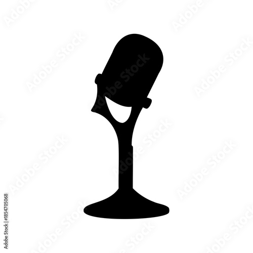Microphone on Stand Silhouette Icon- Black silhouette icon of a microphone on stand, representing audio recording, public speaking, podcasting, music, or broadcast communication.
