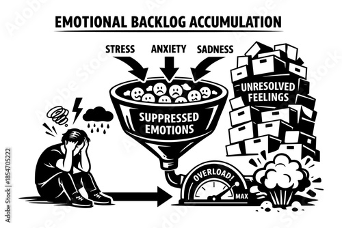 Emotional backlog accumulation concept illustration with stress, anxiety, and sadness leading to overload
