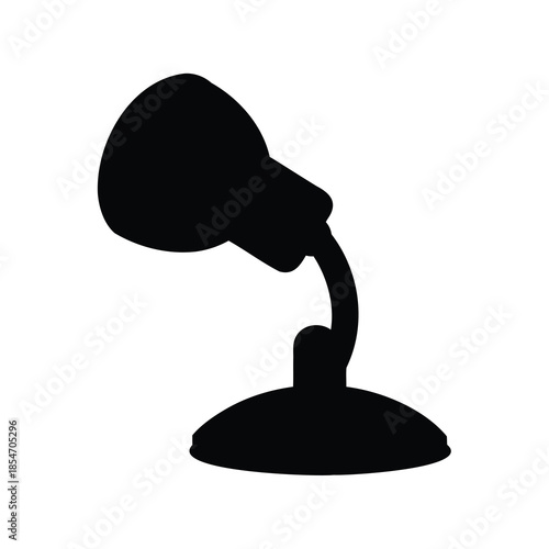 Microphone on Stand Silhouette Icon- Black silhouette icon of a microphone on stand, representing audio recording, public speaking, podcasting, music, or broadcast communication.
