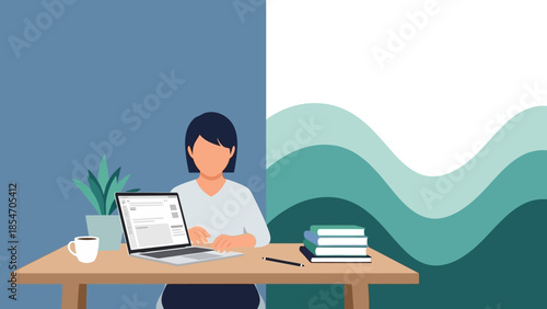 Illustration of a woman working from home with a laptop and books on desk