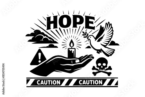 Hope shines bright with a dove and candle amidst caution and danger symbols