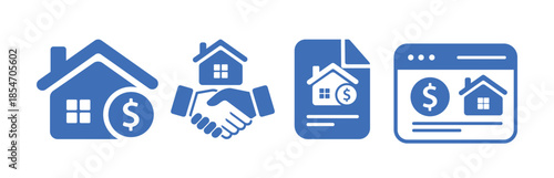 Real estate icon set for house sale and home rental, including property buying, online listing, and lease agreement symbols