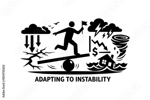 Person running on a seesaw balancing act through various disasters and financial crisis