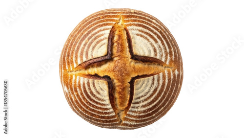 Isolated sourdough bread loaf with scoring pattern, baked golden brown and dusted with flour