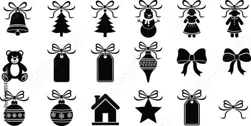 Christmas, holiday, ornament, icon, set, with, bow, ribbon, gifts, tree, bell, snowman, star, house, tags, silhouette, vector, illustration, collection, winter, festive, celebration