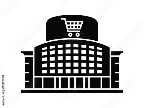 Shopping Mall Building Icon with Cart – Retail Store Commerce Symbol