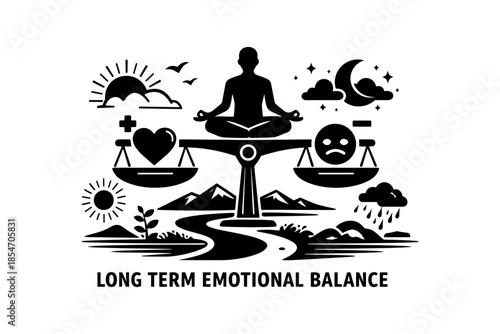 Person meditating on a scale balancing positive and negative emotions, symbolizing inner peace