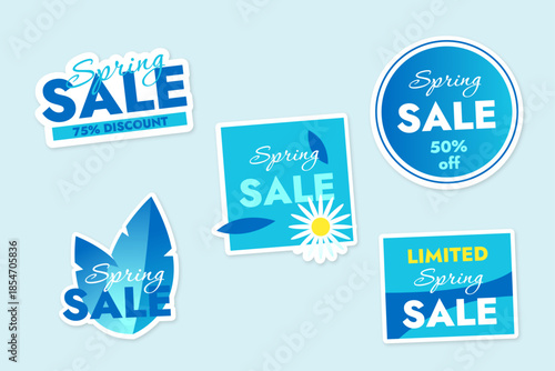 Set of vector stickers in blue colors on the theme of spring discounts store sales