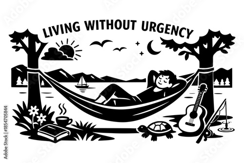 Man relaxing in hammock by lake with guitar, book, and fishing rod