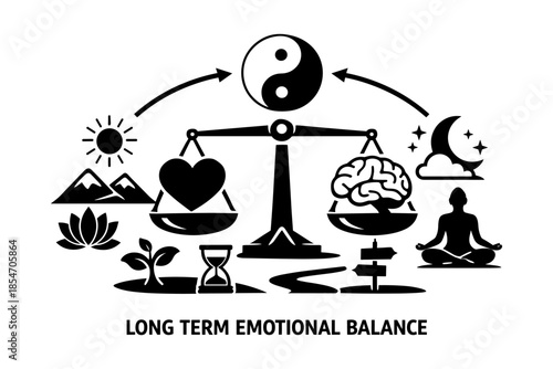 Balance between heart and brain symbolized by scales and yin yang