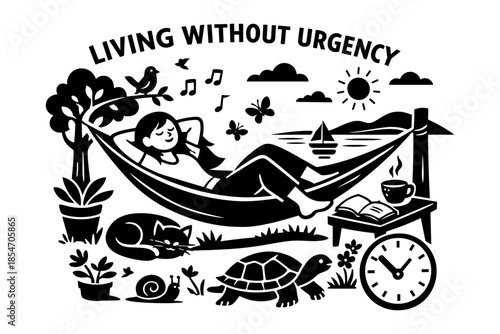 Woman relaxing in a hammock with a cat, turtle, and snail nearby