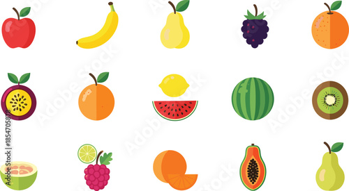 Colorful fruit icons set, flat vector illustration, apple banana pear orange watermelon kiwi papaya berries, healthy food collection, isolated white background, modern design