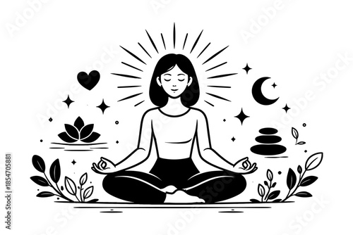 Woman meditating in lotus pose with spiritual symbols and nature elements