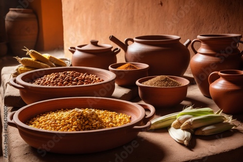 Traditionelle Töpfe mit Getreide und Gewürzen in einer rustikalen Küche