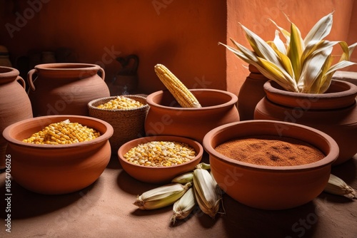 Traditionelle Töpfe mit Getreide und Gewürzen in einer rustikalen Küche