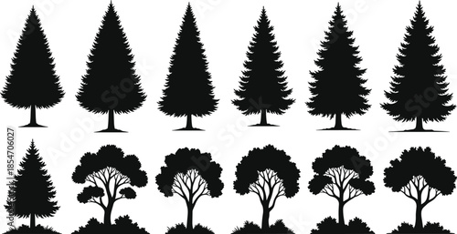 Collection of tree silhouettes, pine and deciduous forest shapes, black vector illustrations, nature icons set, woodland design elements, isolated on white background