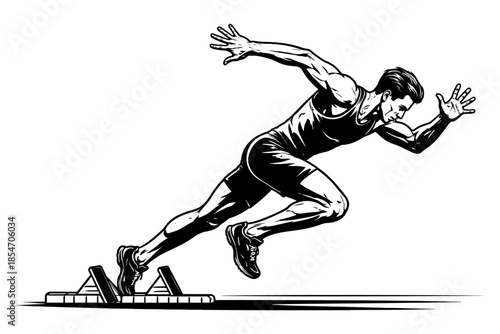 Athletic man in starting blocks, poised for a sprint race, captured in dynamic black and white illustration