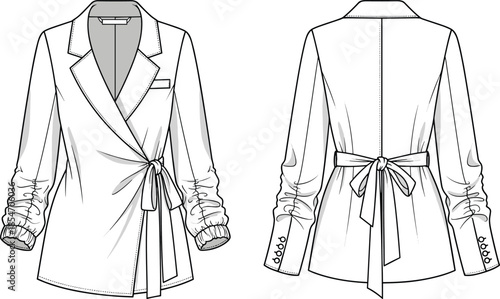 Fashion technical drawing of women wrap blazer jacket, front and back view, flat sketch illustration, tailored outerwear design, modern apparel pattern blueprint
