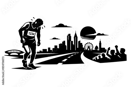 Tired marathon runner in silhouette crossing a bridge with city skyline and cheering crowd