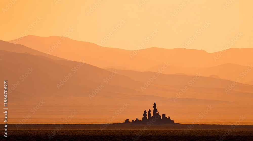 Obraz premium ziggurat. Desert landscape at sunset, stepped pyramid silhouette against orange sky. inspiring travel planning, ESG reports, designed for environmental awareness campaigns, drives climate awareness.