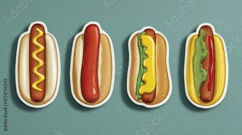 Four stylized hot dogs on light teal background.  Each hot dog has a bun, a sausage, and various toppings.  A mustard, lettuce/tomato, and yellow mustard topping are visible