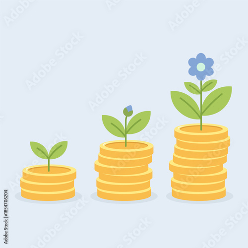 Vector illustration of growing plants on gold coin stacks showing financial growth. Concept of investment profit savings and return on investment isolated on colored background