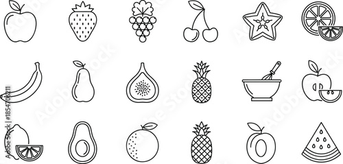Hand, drawn, fruit, outline, icons, set, healthy, food, collection, apple, banana, orange, pineapple, avocado, grapes, cherry, watermelon, starfruit, fig, pear, lemon, vector, illustration, pack