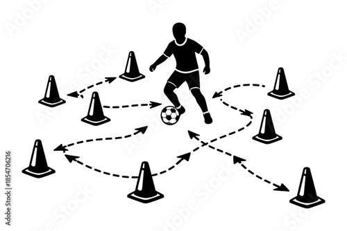Soccer player dribbling around cones during training drill illustration