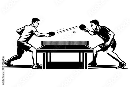 Two men playing table tennis, a dynamic black and white illustration of a competitive match